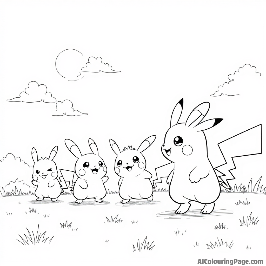 A group of Pokémon playing soccer on a grassy field with a bright sun and fluffy clouds overhead.