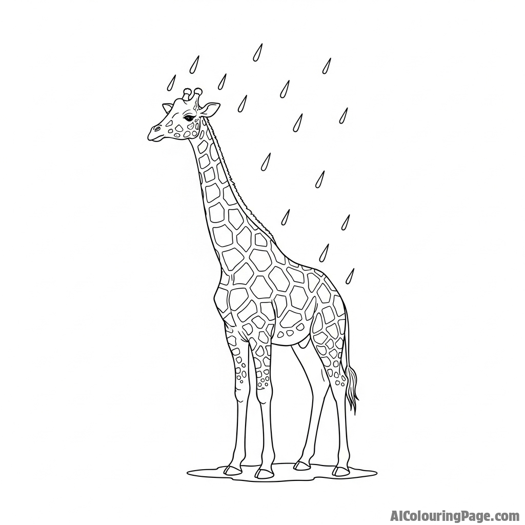 A cinematic shot of a giraffe standing calmly in a gentle downpour.