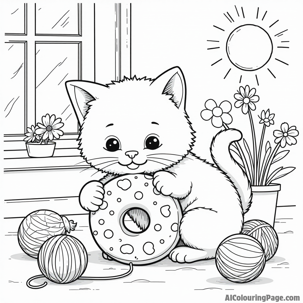 A cute cat playing with a donut-shaped toy, surrounded by yarn balls and a sunny window with flowers.