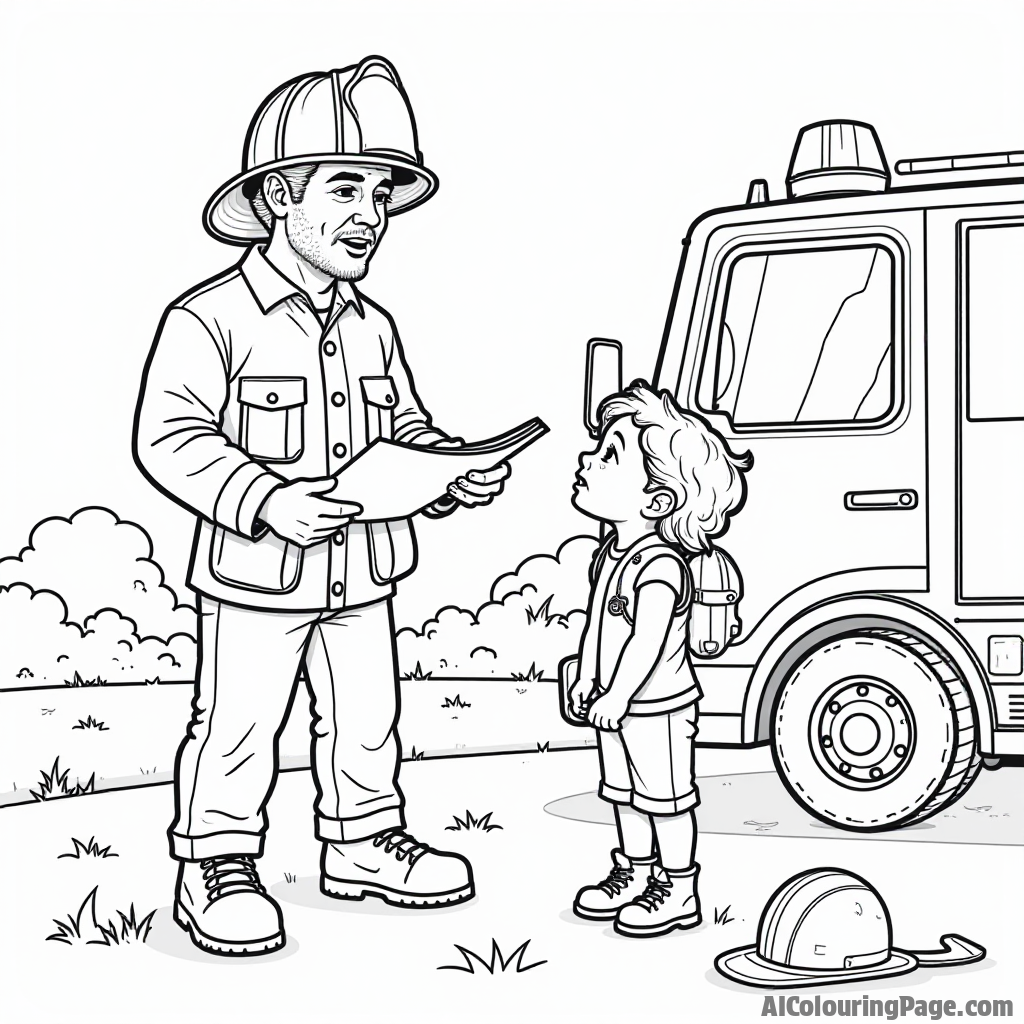 A firefighter teaching children about fire safety next to a fire truck, with sports gear scattered around, creating an educational coloring page for kids.