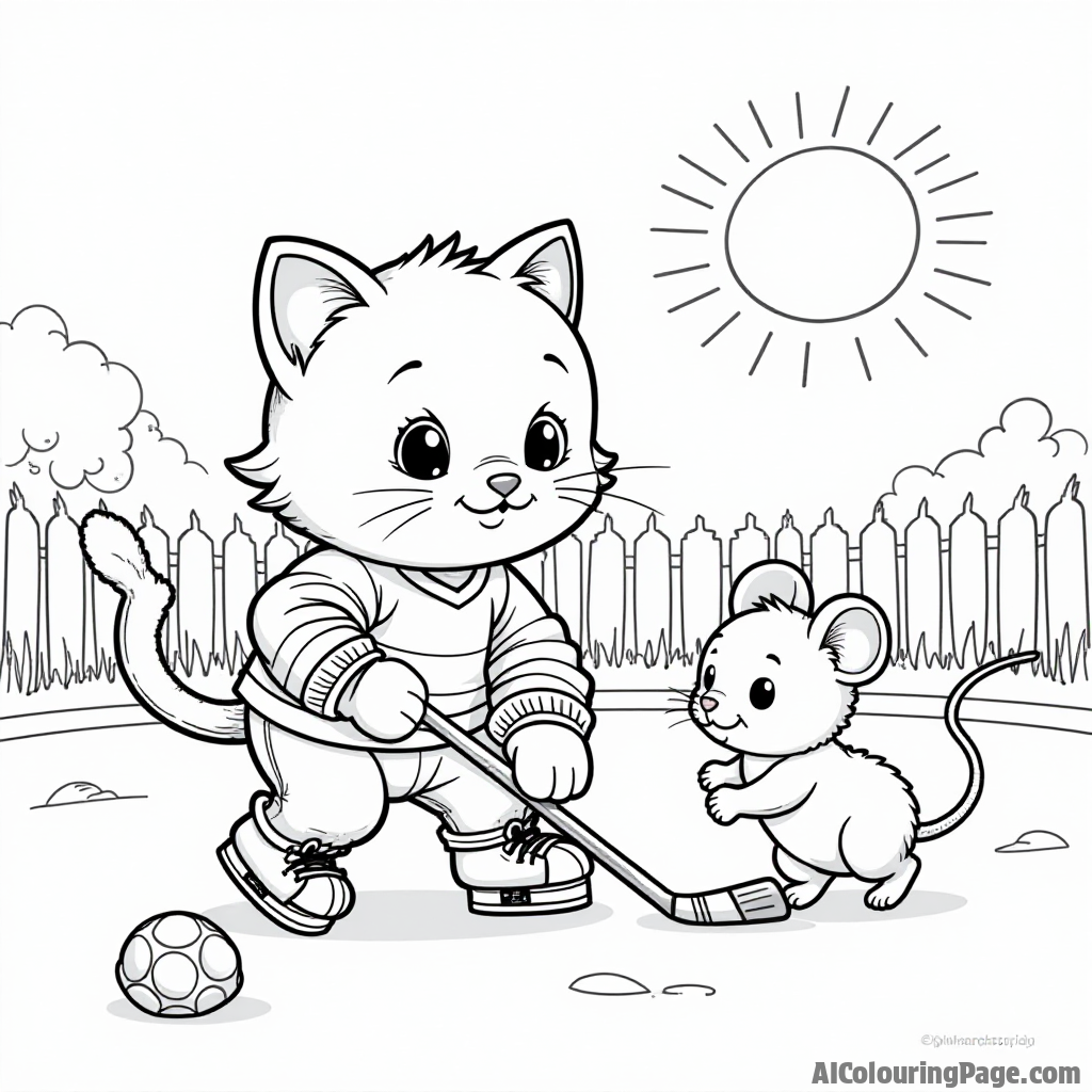 A cute cat playing hockey with a mouse, both wearing tiny jerseys, on a backyard rink, with a sun shining brightly above.