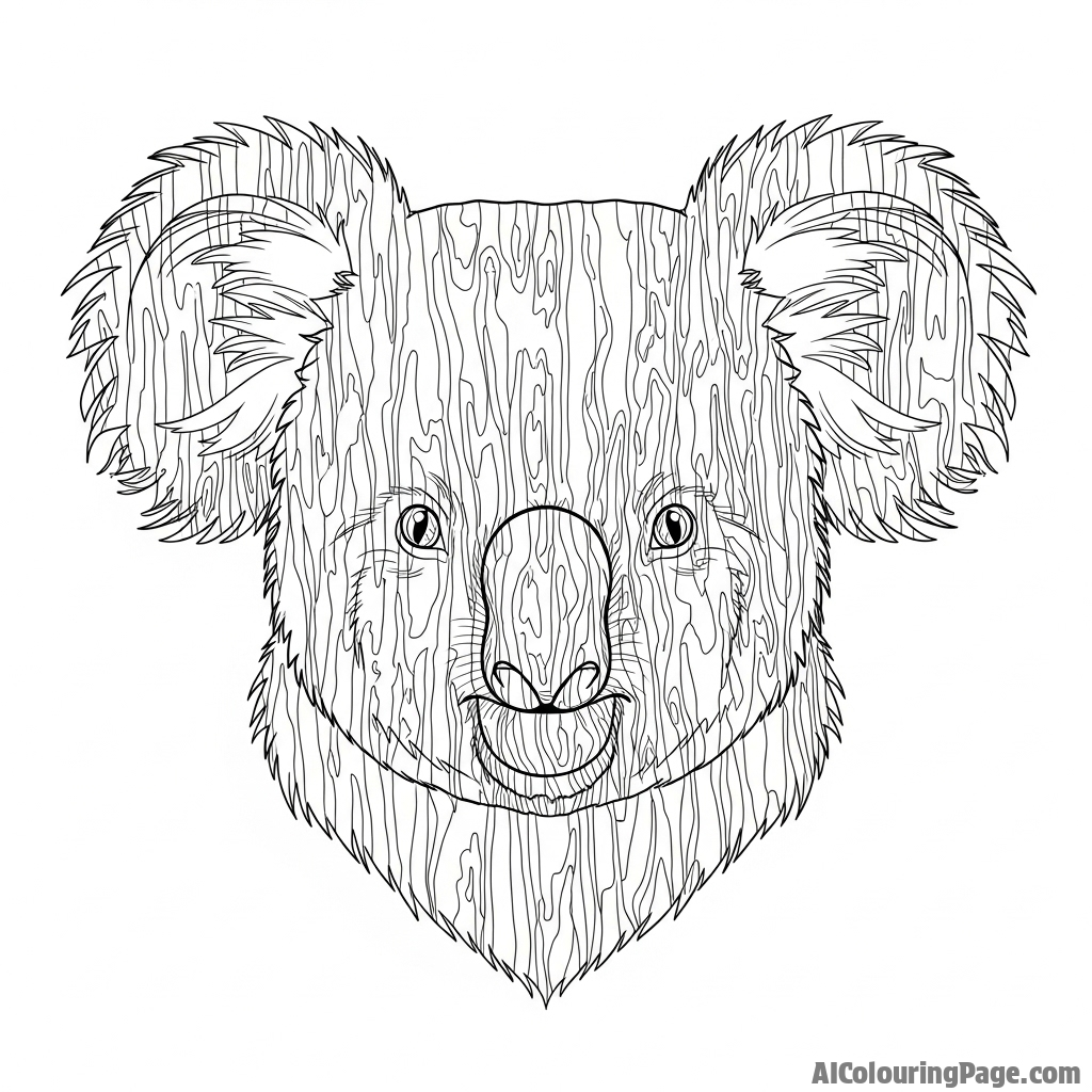 A double exposure portrait merging a koala's face with the texture of tree bark.