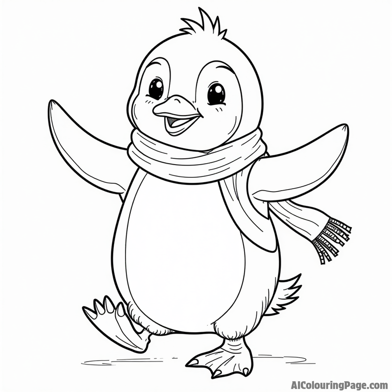 A dancing penguin with a scarf