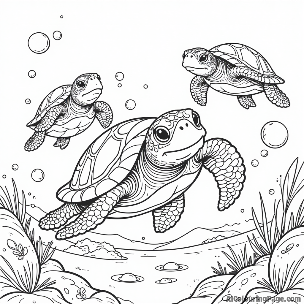 A group of adventurous sea turtles racing through the ocean, with playful bubbles and a sandy seabed, making an energetic scene for young artists to fill with color.