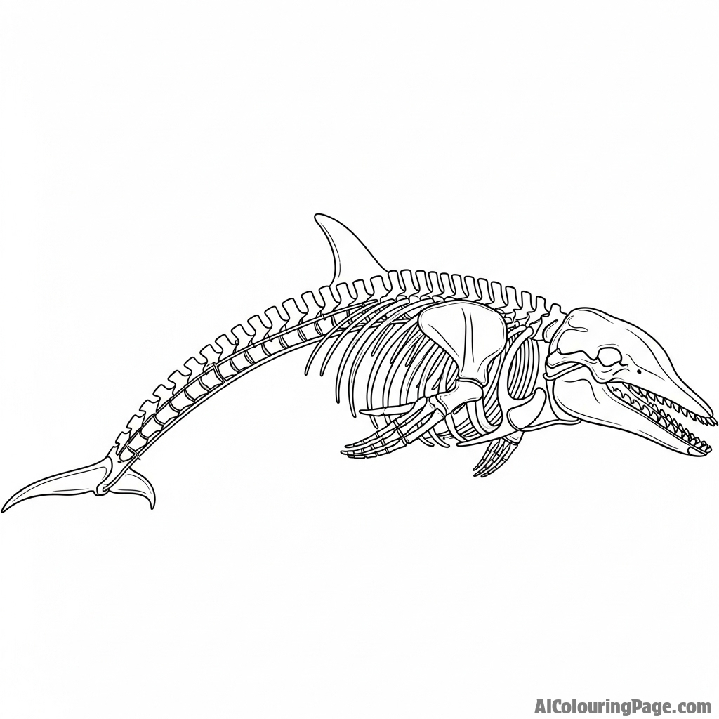 The complete skeleton of a dolphin articulated and displayed in a natural history museum.
