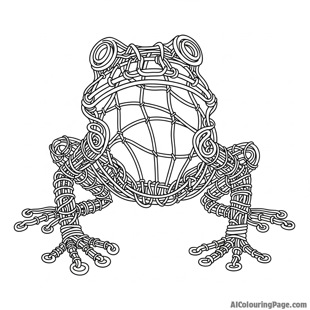 An abstract sculpture of a frog made from twisted metal wires.