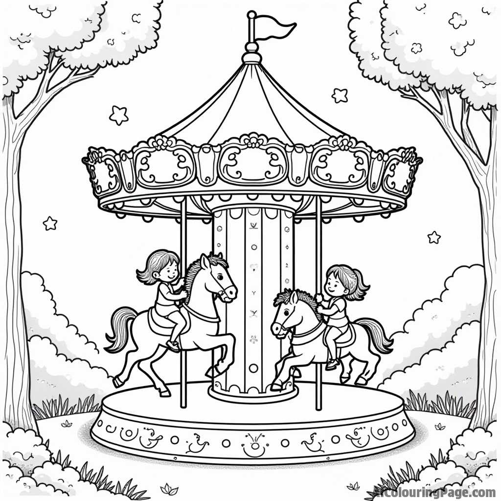 A whimsical chocolate carousel with chocolate animals and children riding happily in a fairytale setting.