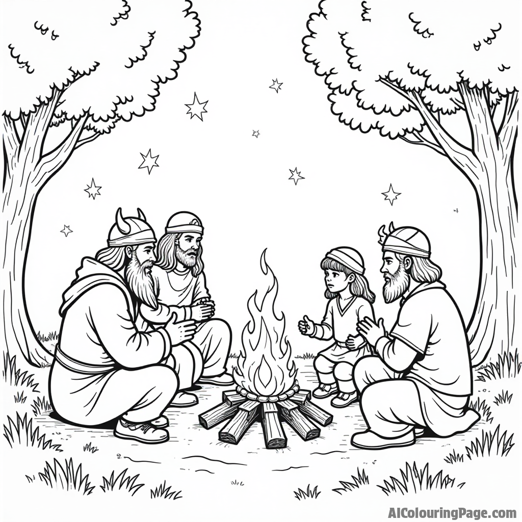 A Viking saga being told around a fire, with characters listening intently, surrounded by stars and trees, inviting children to delve into storytelling and mythology through coloring.