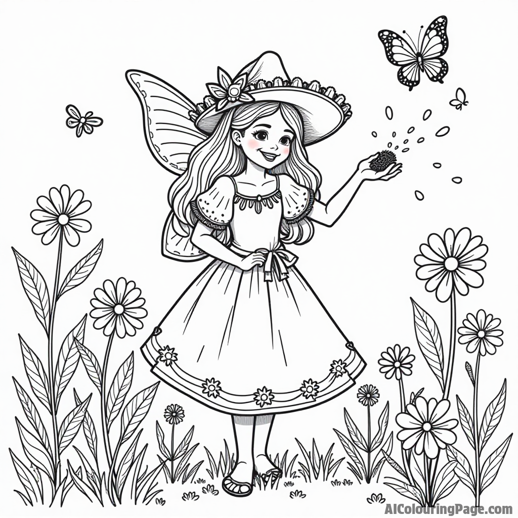 A taco fairy sprinkling magic spices in a garden, with flowers blooming and butterflies fluttering around happily.