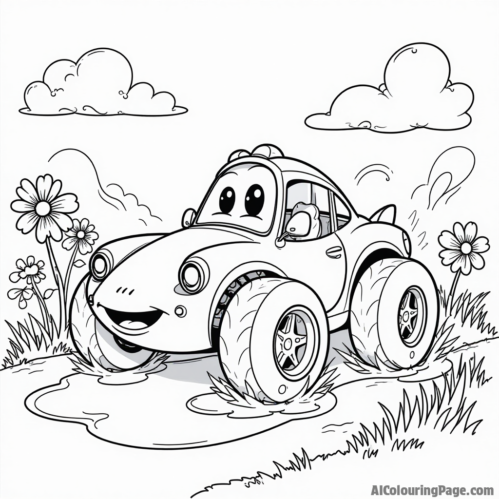 A cartoonish race car with oversized wheels splashing through puddles, surrounded by cheerful frogs and flowers, capturing a playful, fun outdoor scene for children.