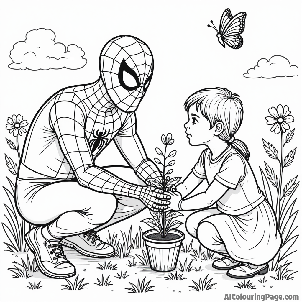 Spiderman helping children plant flowers in a garden, bright blooms surrounding them, butterflies fluttering in the air