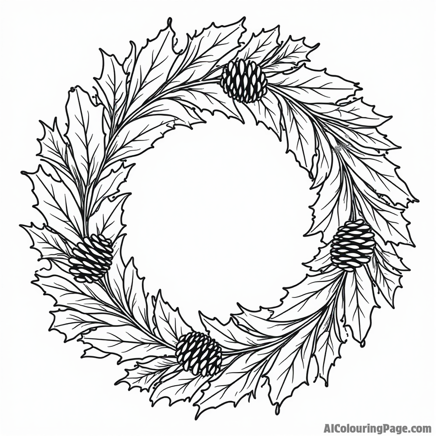 A wreath adorned with holly and pine cones