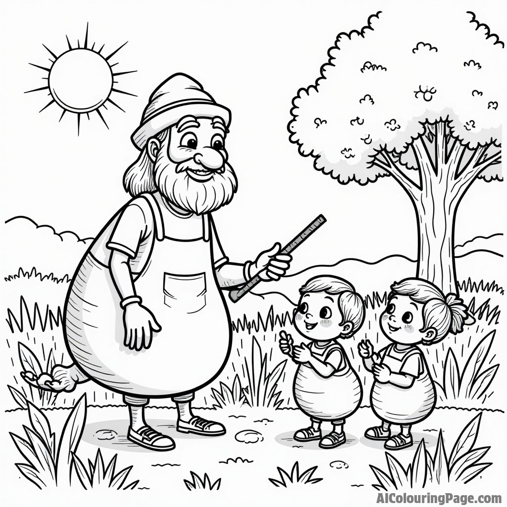 A wise old beet teaching young vegetables about gardening in a sunny field with a big tree.