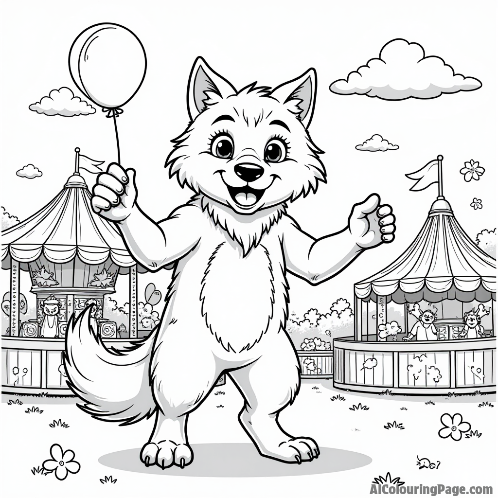 A werewolf enjoying a carnival with colorful rides, balloons, and cotton candy surrounded by cheerful friends.