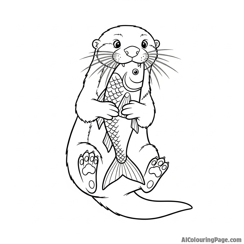 A comical shot of an otter with a fish tail dangling from its mouth.