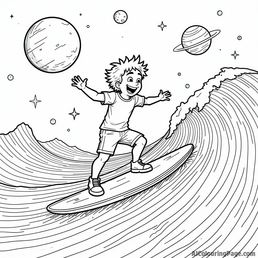 A playful scene of a character surfing on cosmic waves with planets in the background and a bright sun overhead.