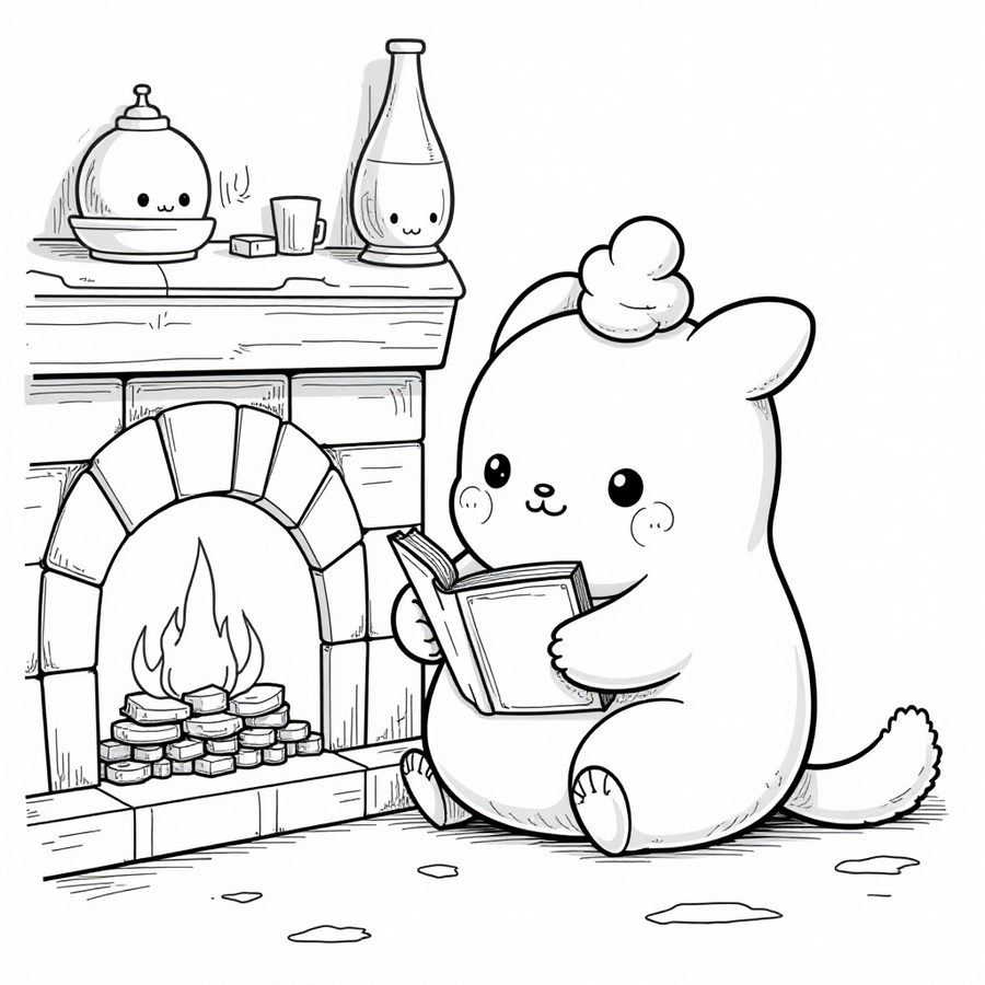 Squishmallow reading a book by a cozy fireplace