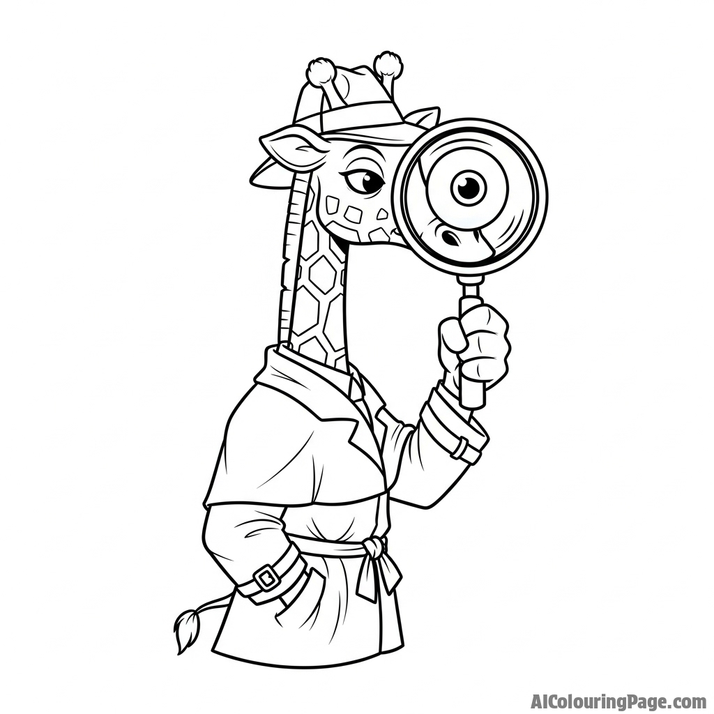A cartoon giraffe detective, wearing a trench coat, peering through a magnifying glass.