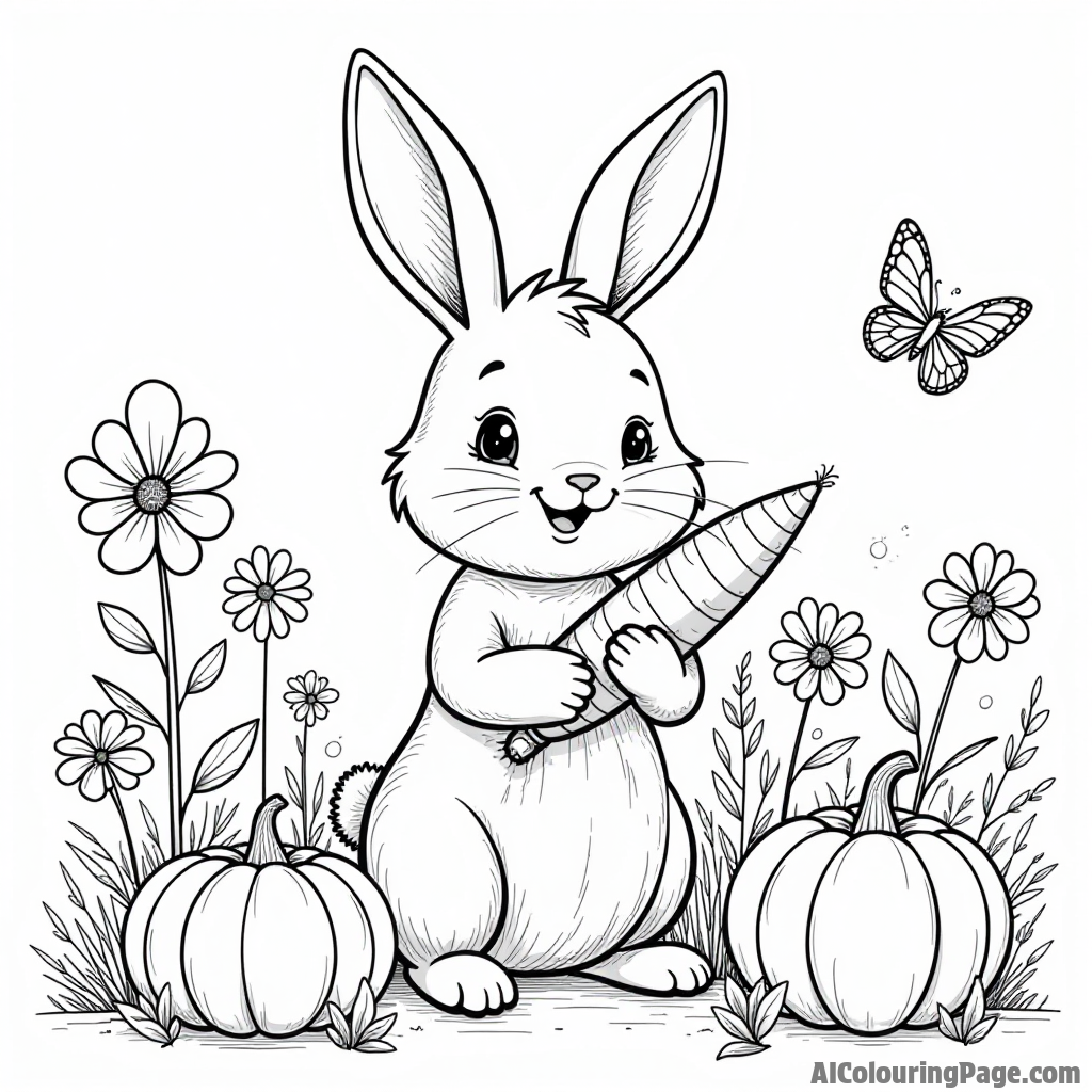 A whimsical garden scene with a rabbit holding a carrot, surrounded by pumpkins, flowers, and butterflies fluttering around