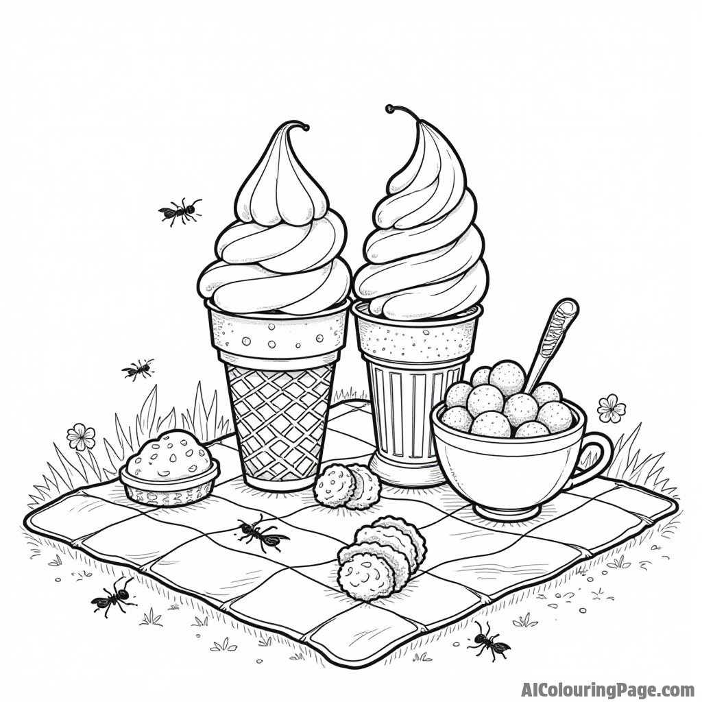 An ice cream picnic with a variety of cones and toppings surrounded by ants and cheerful picnic accessories