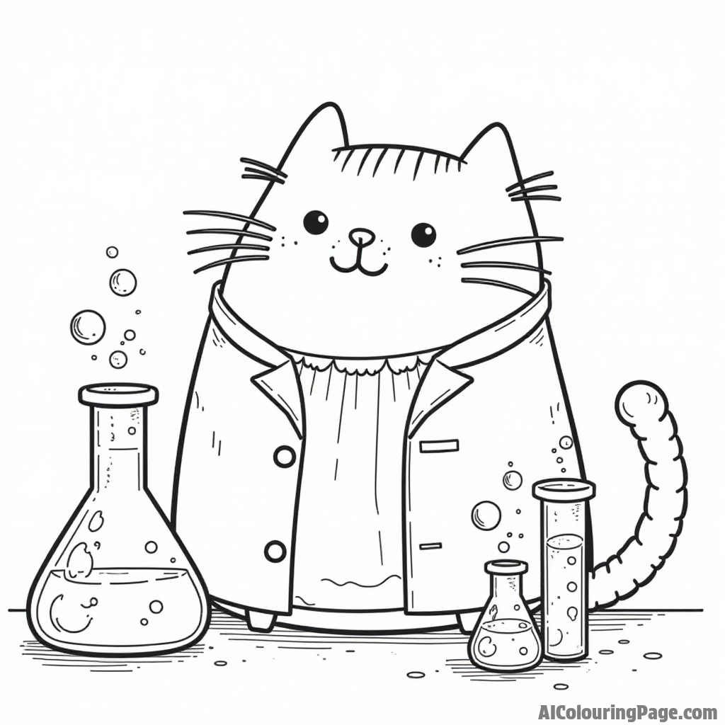 Pusheen at a science fair with beakers and test tubes bubbling over creating fun experiments with a lab coat