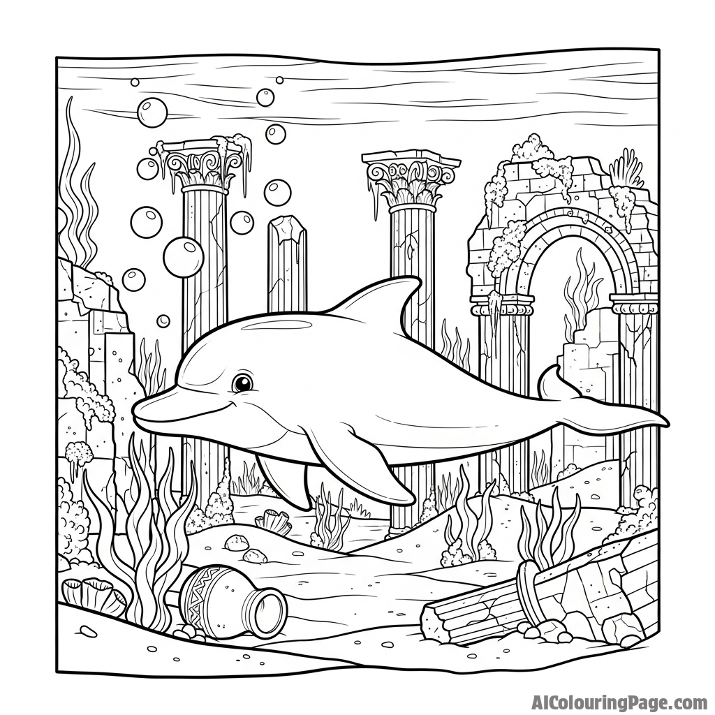 A dreamlike scene of a dolphin swimming through the ruins of a submerged, ancient city.