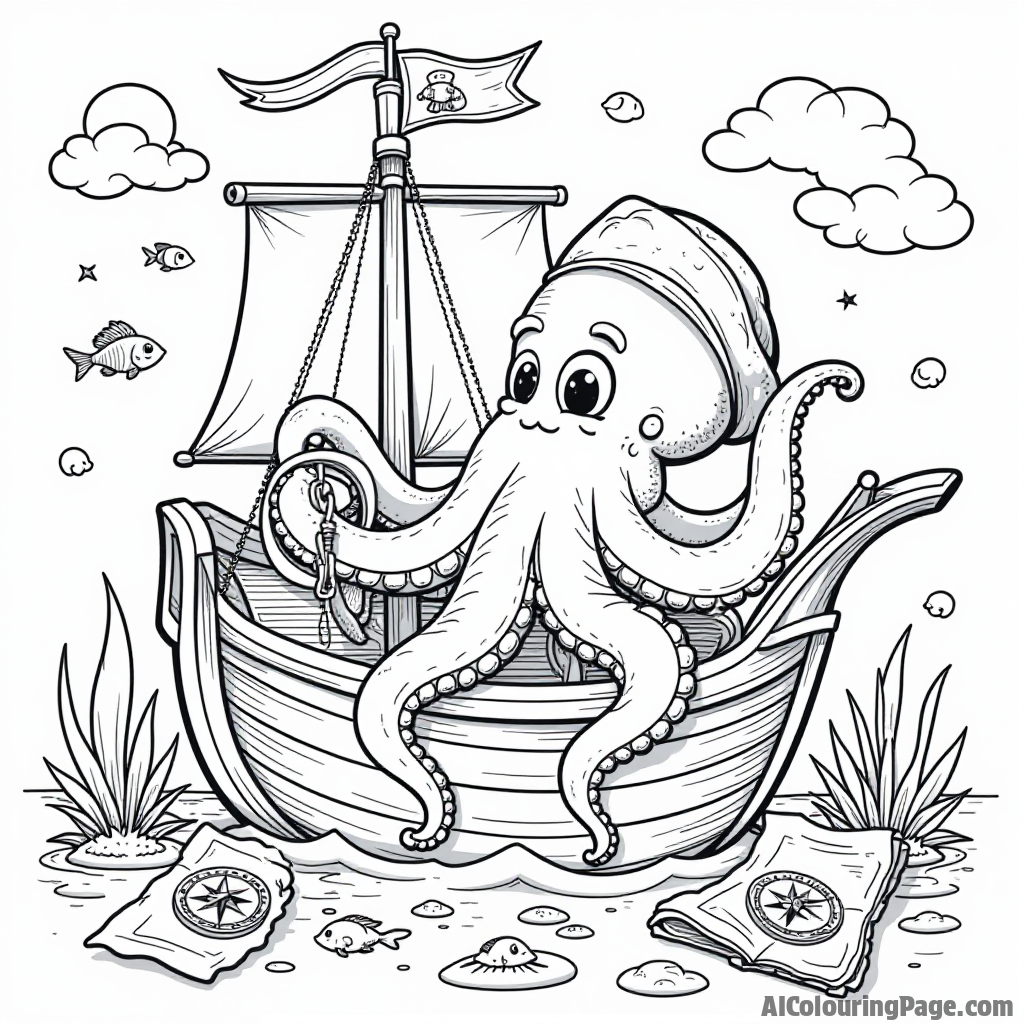 A pirate octopus steering a ship with treasure maps and compasses scattered around, surrounded by playful fish, creating an adventurous scene for children to color and enjoy.