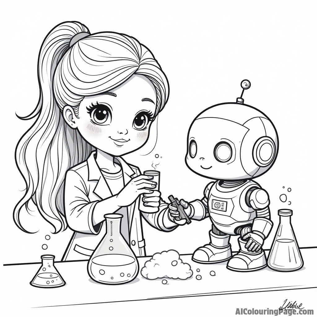 A doll in a science lab conducting experiments, with beakers, flasks, and a friendly robot assistant helping her out.