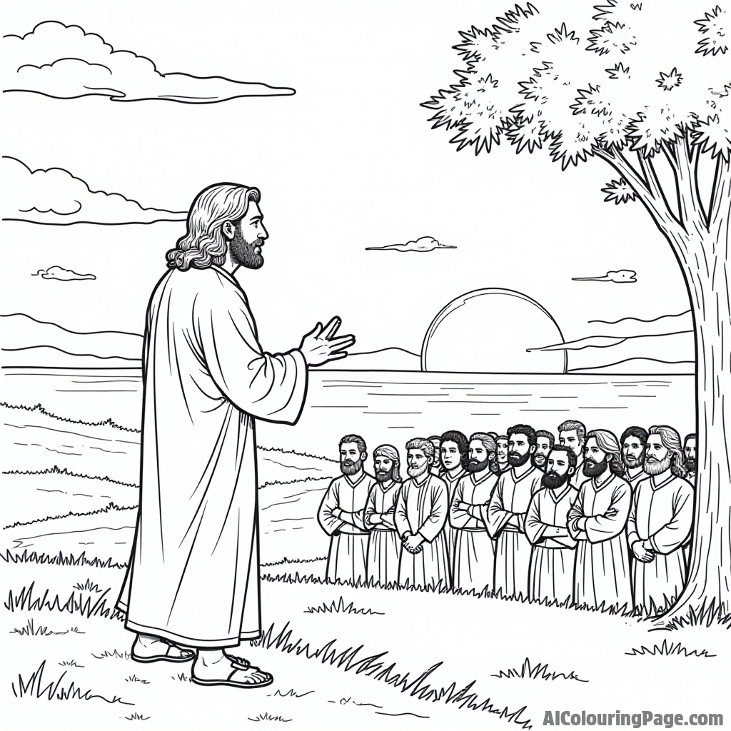 Jesus telling parables to a listening crowd, a beautiful sunset behind, trees swaying gently