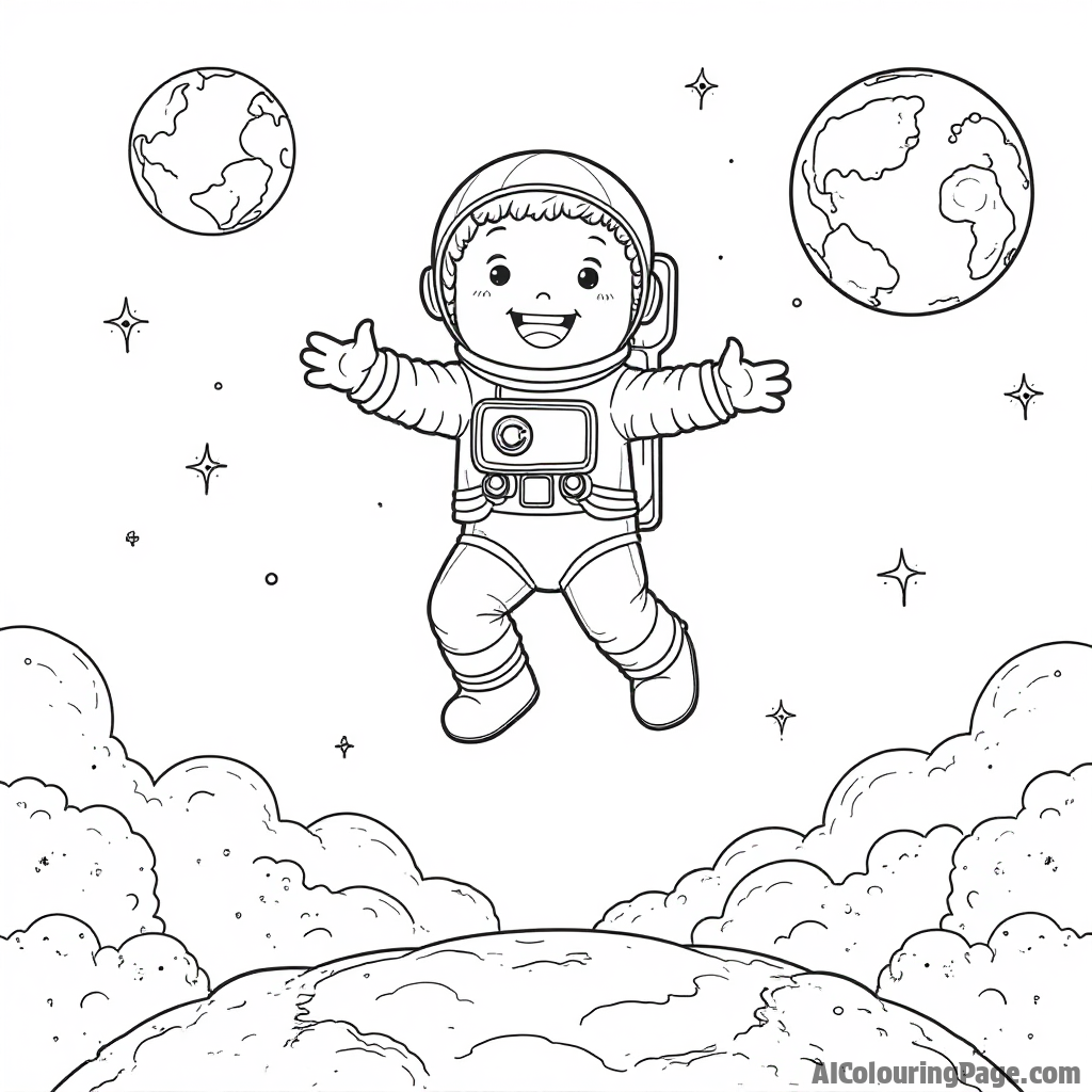 A cheerful astronaut bouncing on the moon, with Earth visible in the sky and playful space creatures floating nearby.