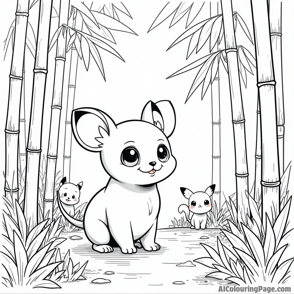 A curious Pancham exploring a bamboo forest filled with playful Pokémon hiding among the greenery and shadows.