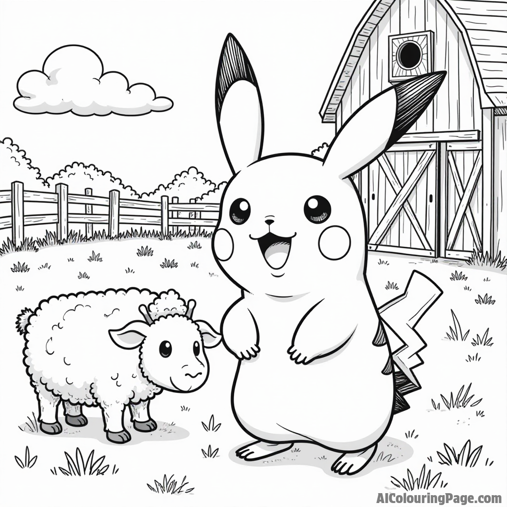 Pikachu having a fun day at the farm with cows, sheep, and a barn