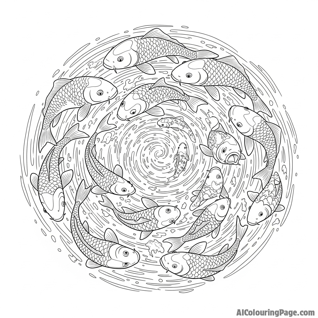 The swirling vortex of water and motion created by a school of koi in a feeding frenzy.