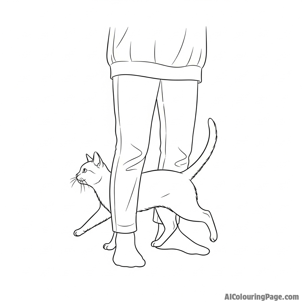 A cat weaving through the legs of a person.