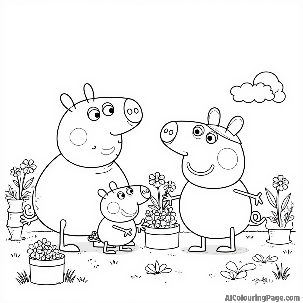 Peppa Pig and her family planting flowers in the garden on a sunny day, surrounded by gardening tools and pots.