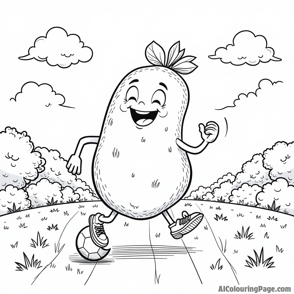 A cheerful potato playing soccer with other vegetables on a grassy field with a bright blue sky.