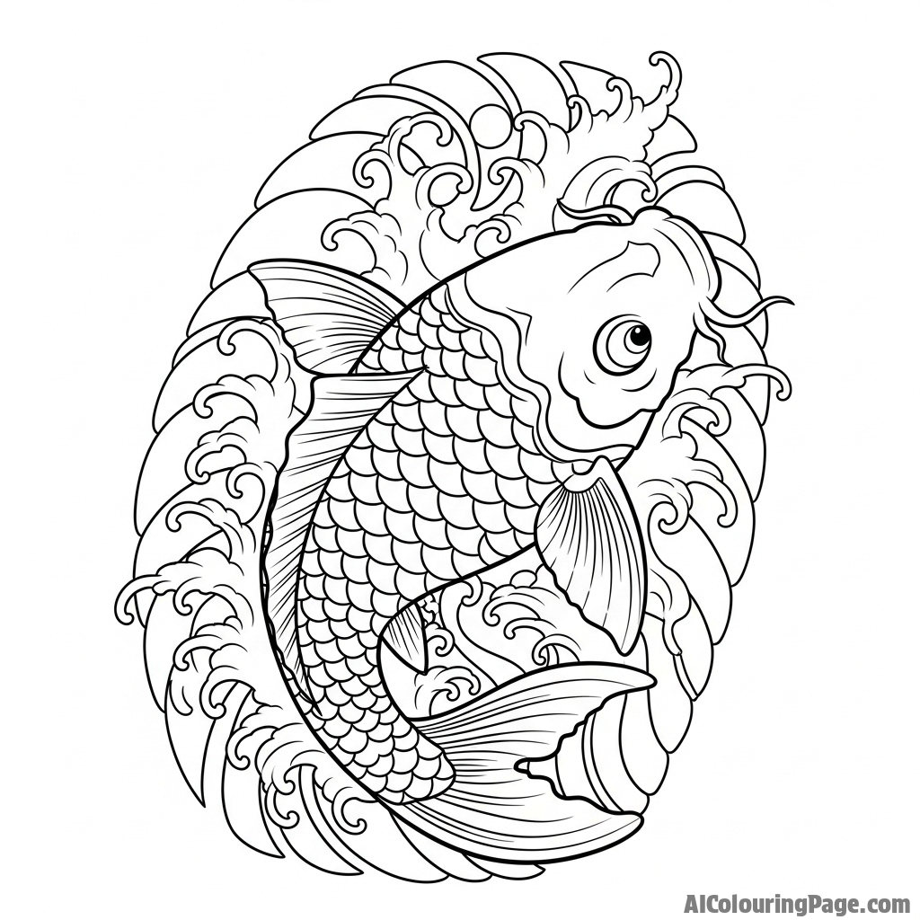 A koi fish rendered in the bold style of a traditional Japanese Irezumi tattoo, surrounded by churning waves.