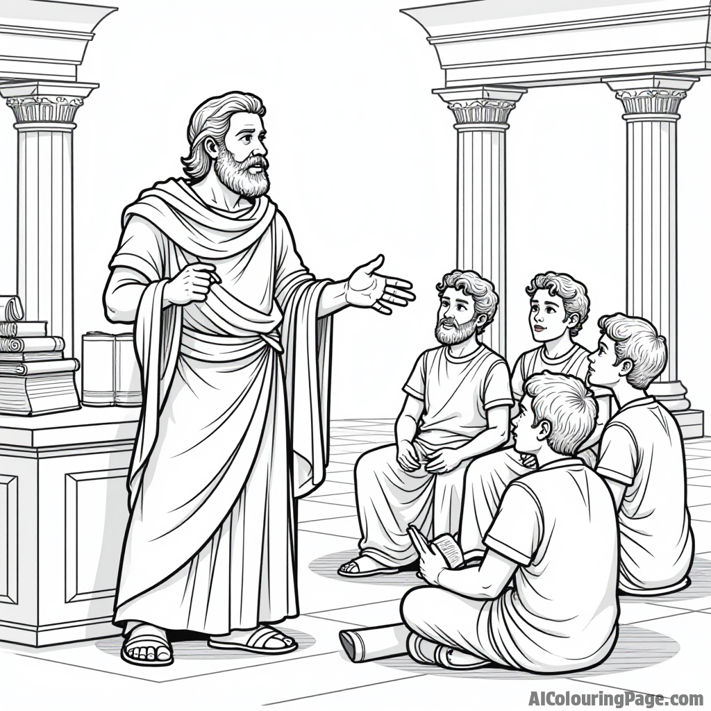 A scene of a Roman philosopher teaching students, with books and scrolls around, representing education and knowledge in ancient Rome, inviting kids to color and learn.