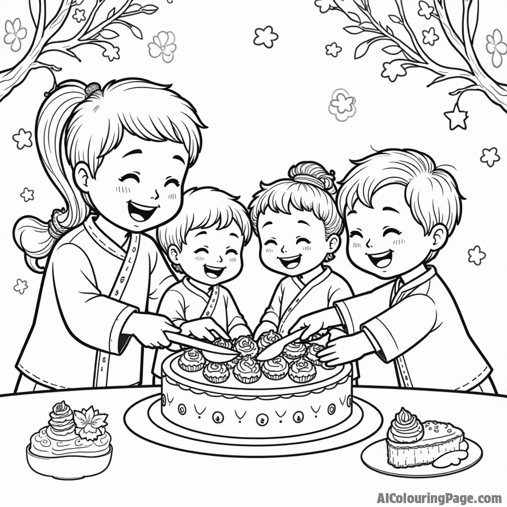 A delightful image of a traditional Chinese New Year cake being cut, with family members gathered around, symbolizing unity and happiness, perfect for a coloring page that conveys warmth.