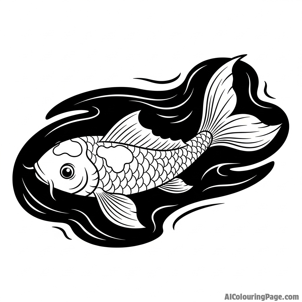 A high-contrast, dramatic black and white photograph of a single koi in dark water.