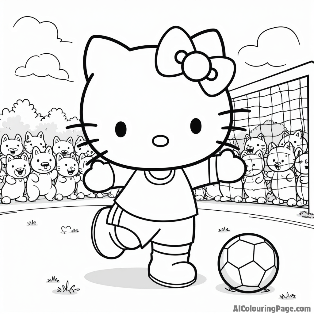 Hello Kitty playing soccer with a ball, net, and a cheering crowd of animal friends nearby