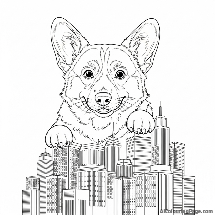 A corgi as a giant kaiju, playfully peering over miniature skyscrapers.
