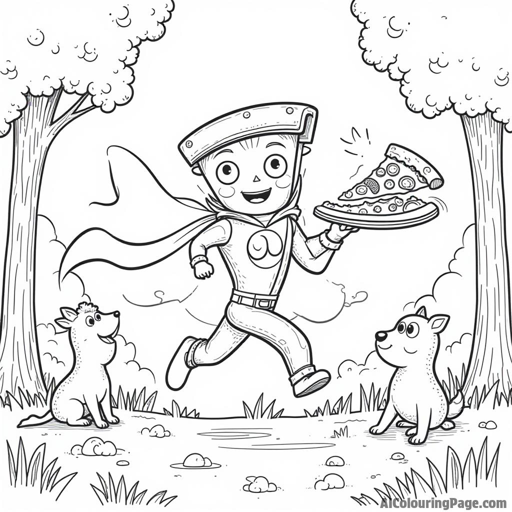 A pizza slice superhero saving the day by delivering pizza to hungry animals in a forest, with capes waving in the wind.