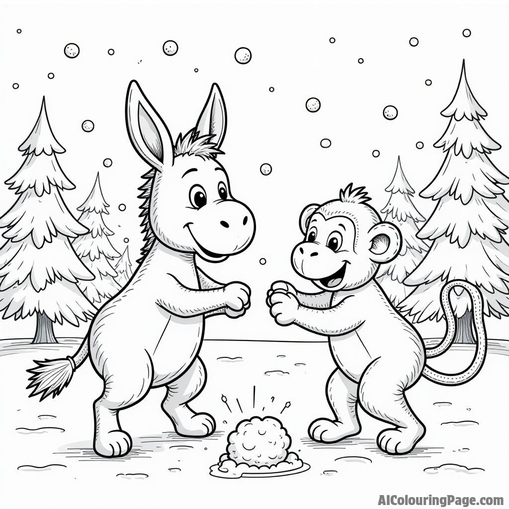 A donkey and a monkey having a fun snowball fight, surrounded by snow-covered trees and a bright winter sky