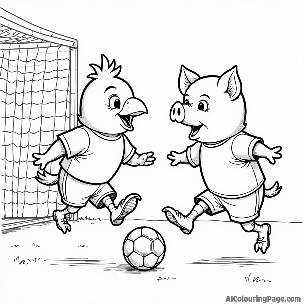 A bird playing soccer with a pig as a goalie, both wearing jerseys and the ball flying through the air