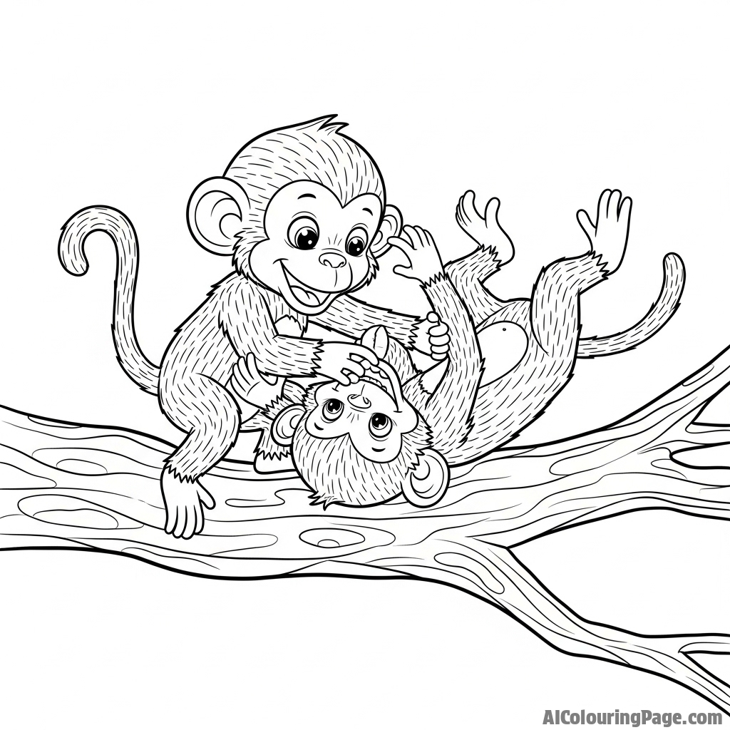 Two young monkeys play-fighting on a thick tree branch.