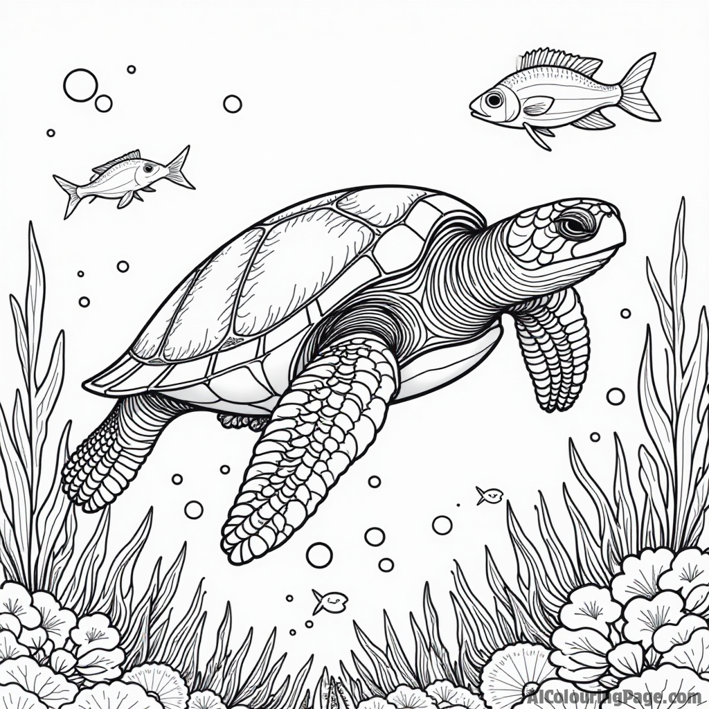 A majestic sea turtle gliding through the water, accompanied by a school of fish and a vibrant underwater plant life.