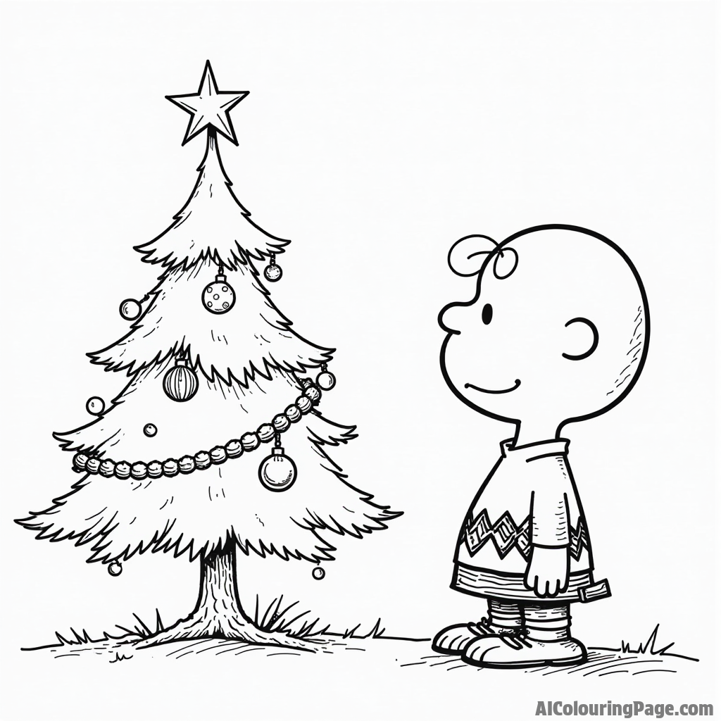 Charlie Brown looking at a sad Christmas tree with a few ornaments and a star on top for kids to color