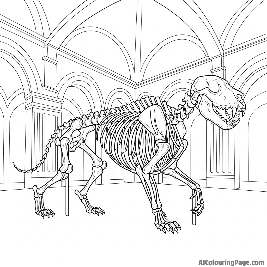 The complete skeleton of a lion articulated and displayed in a grand museum hall.