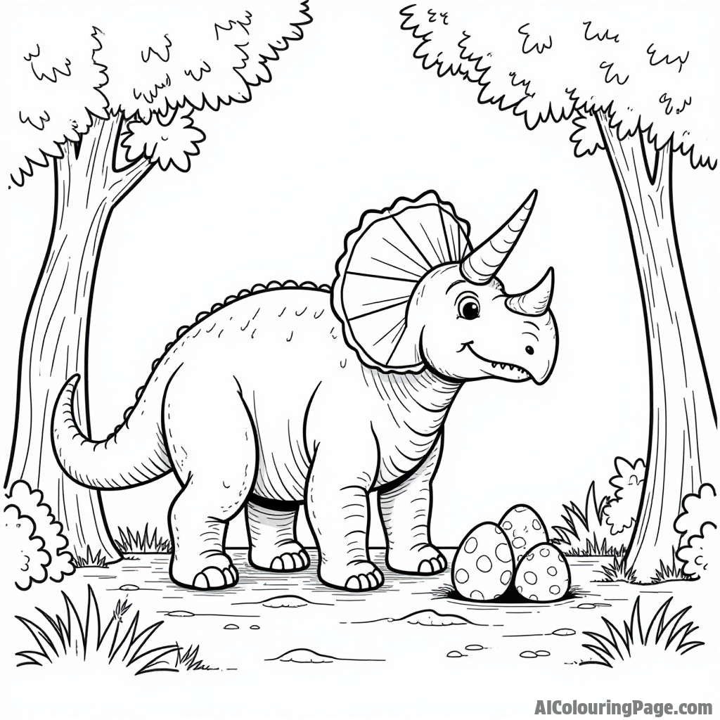 A wise triceratops standing guard beside its nest of cute dinosaur eggs in a cozy, leafy clearing.